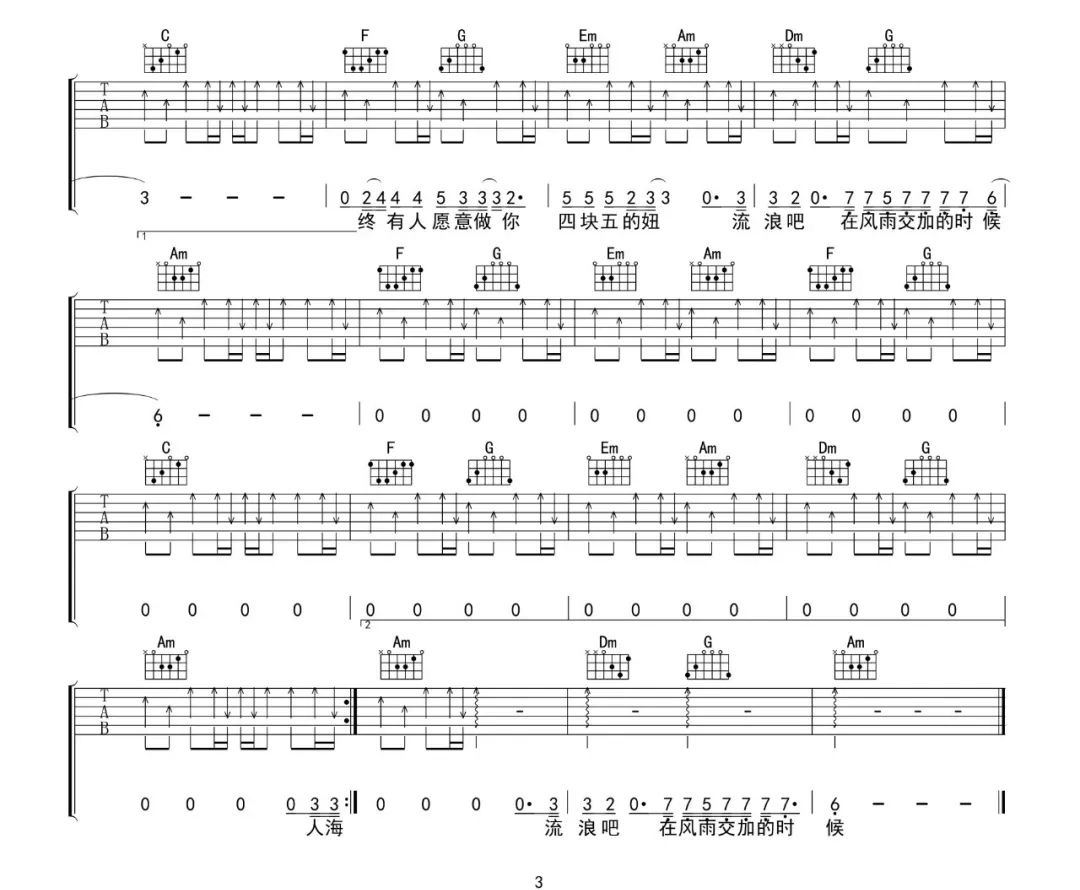 四块五吉他谱-隔壁老樊-C调精细原版-图片谱