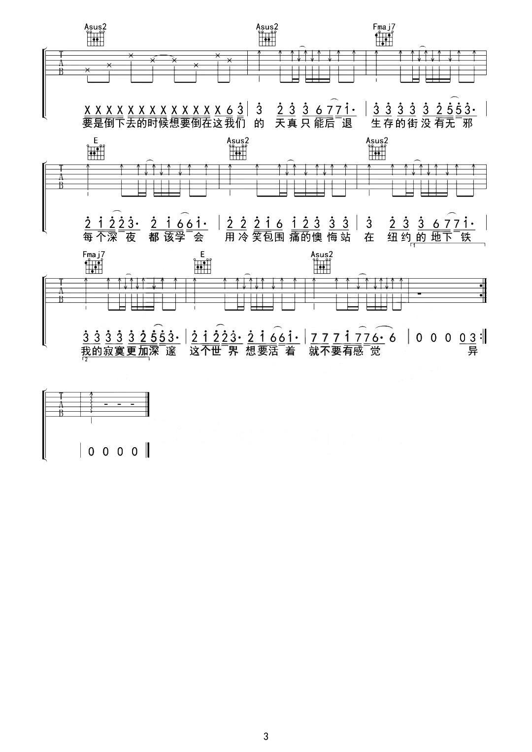 纽约地铁吉他谱-周杰伦-C调原版六线谱-高清土图片谱