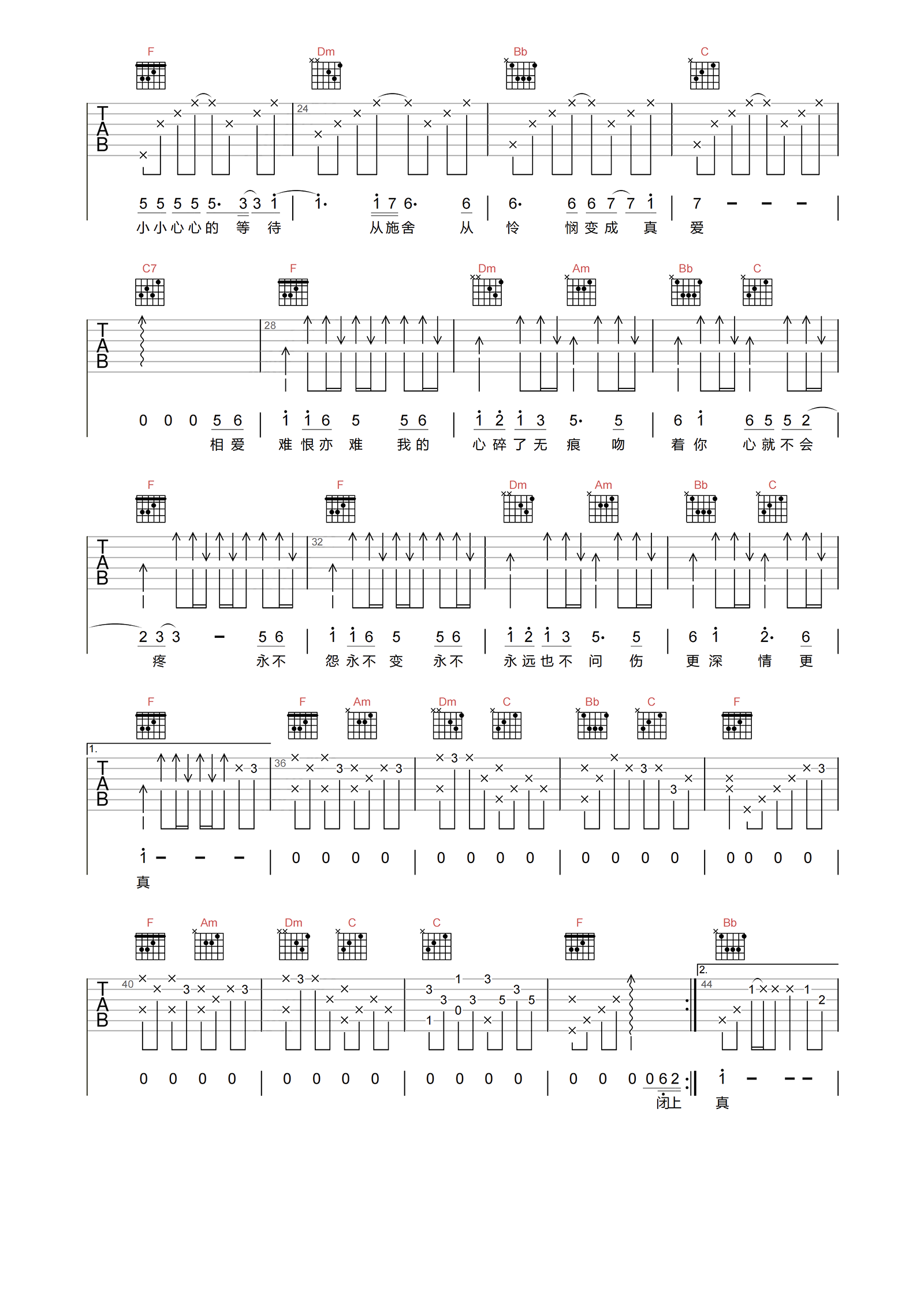 心碎了无痕吉他谱-F调原版六线谱-高清图片谱