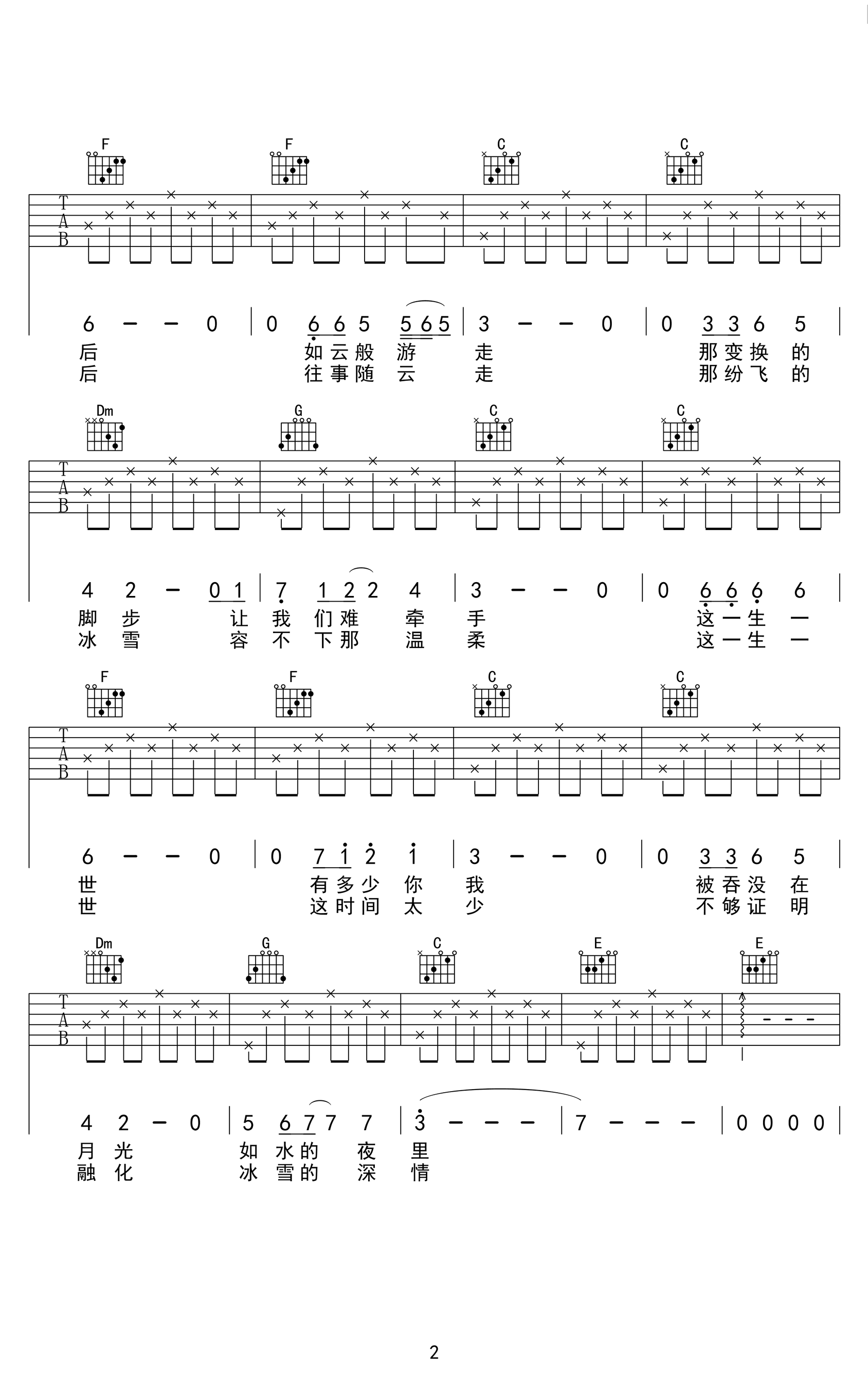 贝加尔湖畔吉他谱-李健-C调标准原版-高清六线谱