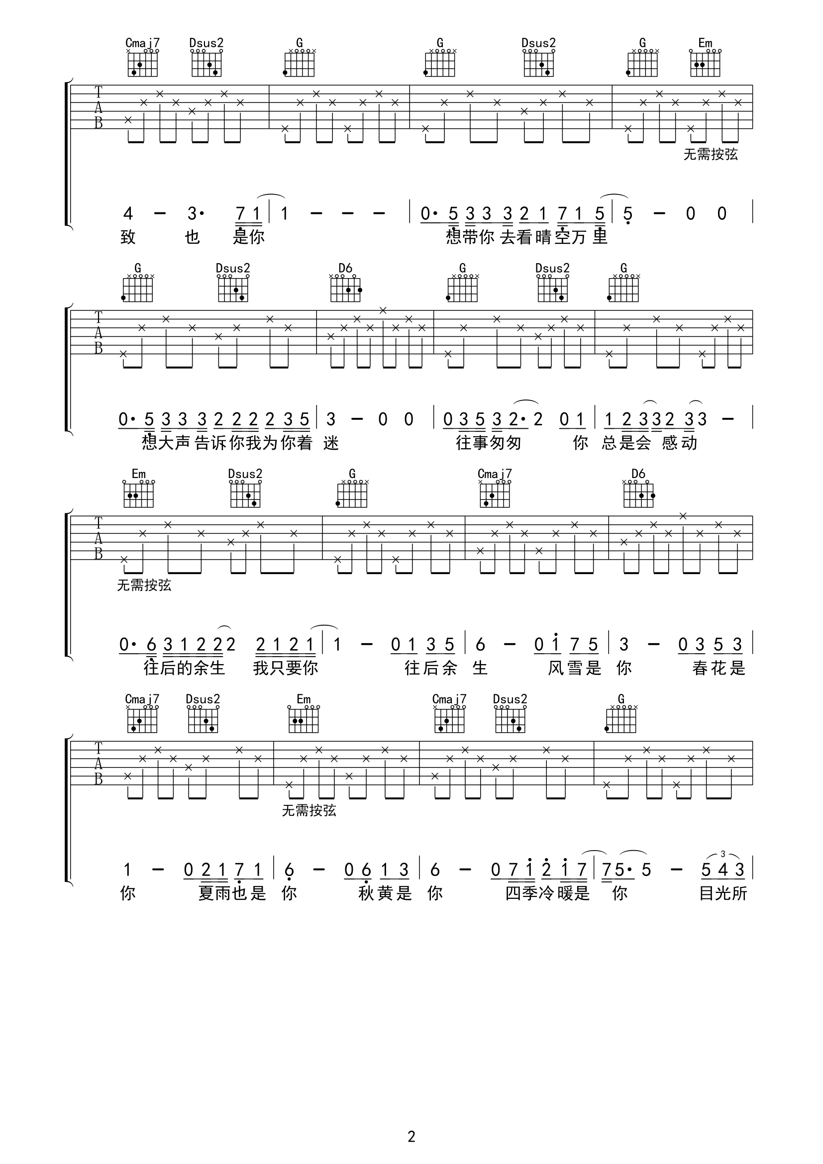 往后余生吉他谱-马良-G调原版弹唱六线谱-图片谱