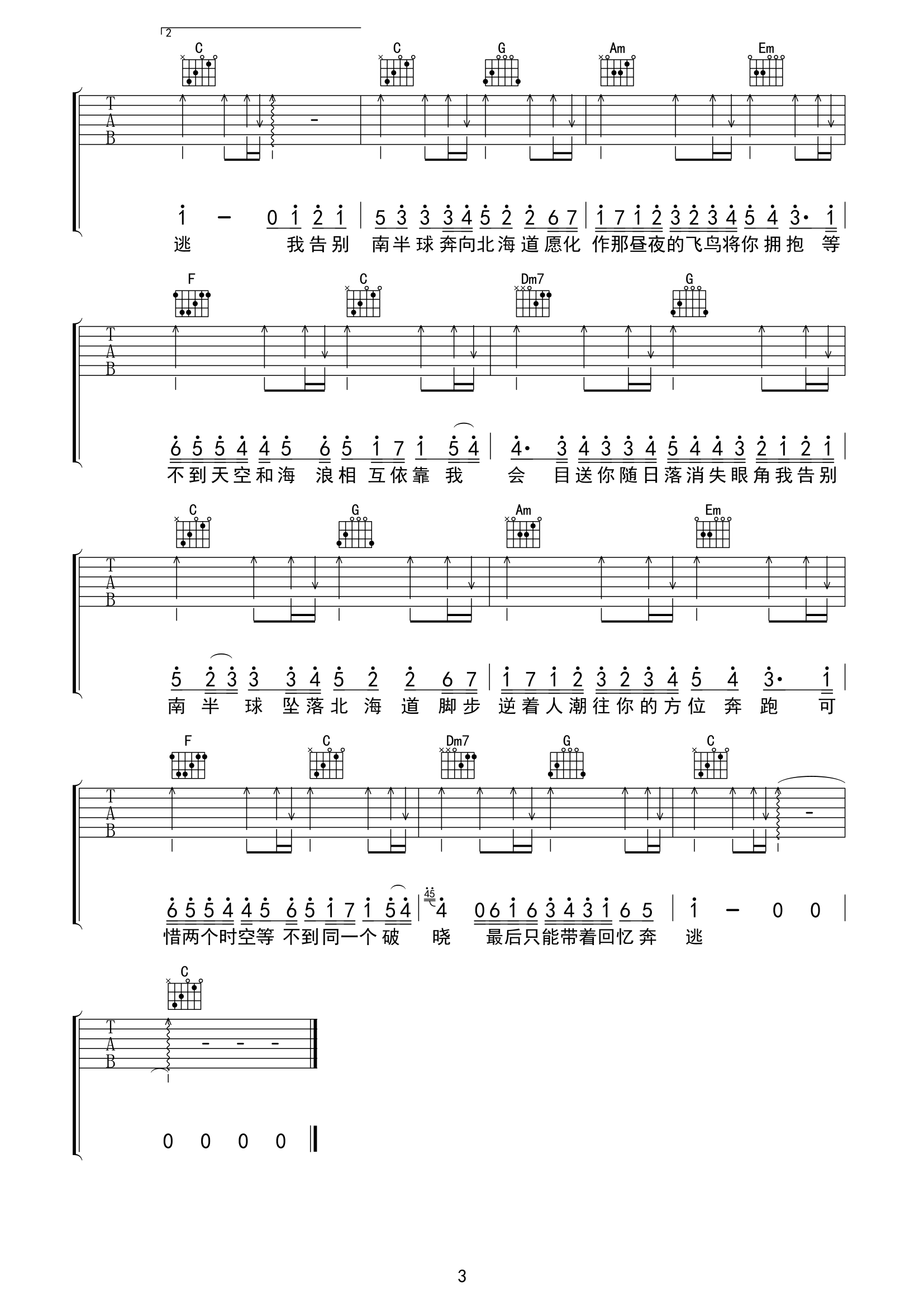 南半球与北海道吉他谱-范倪Liu-C调原版弹唱六线谱-图片谱