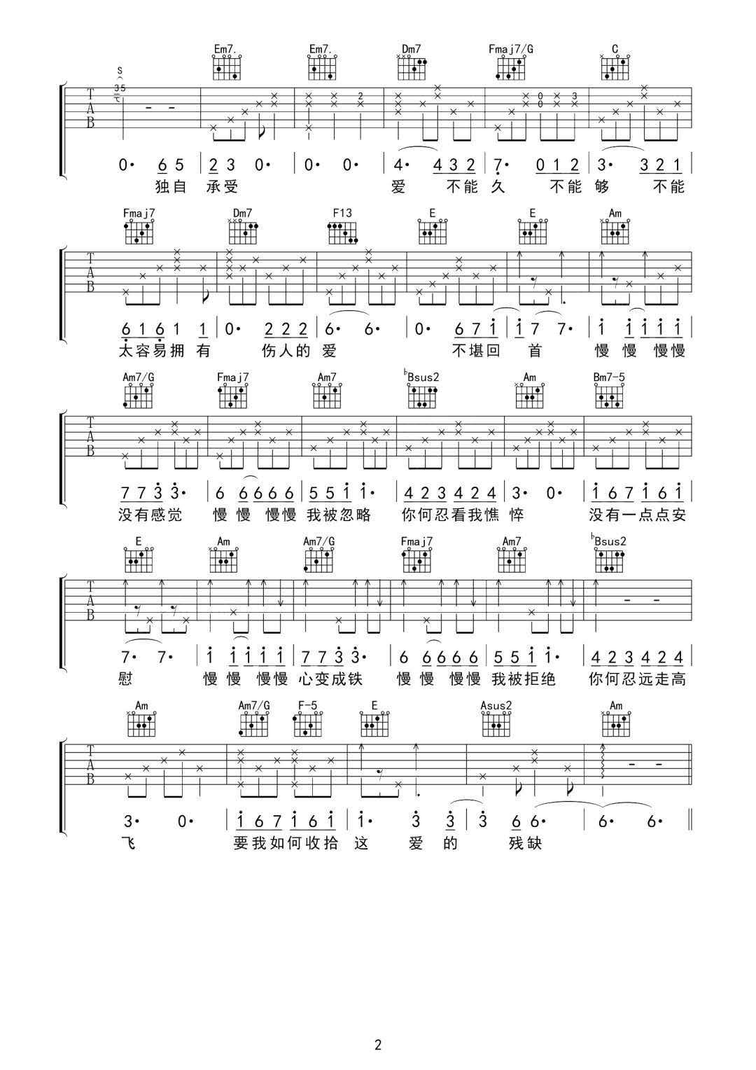 慢慢吉他谱-张学友-C调原版-吉他弹唱六线谱