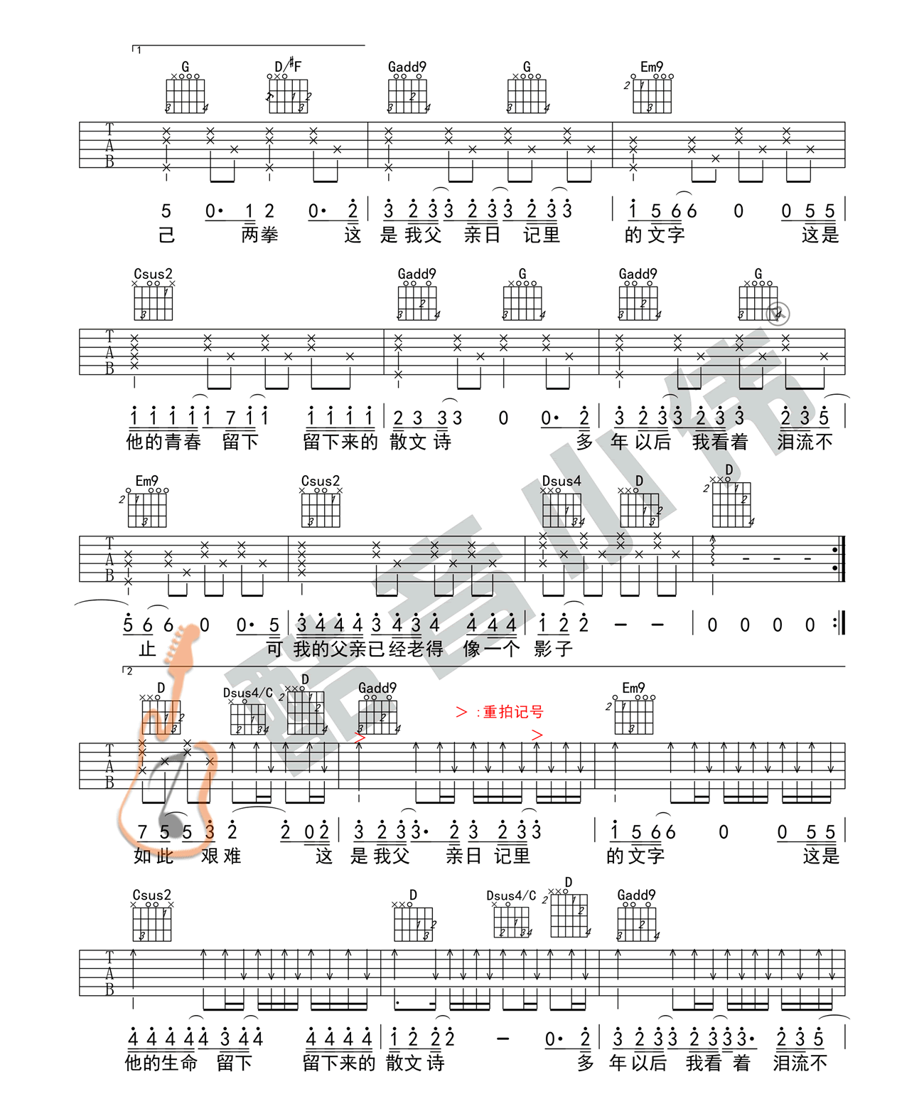 父亲写的散文诗吉他谱-许飞-C调原版吉他六线谱