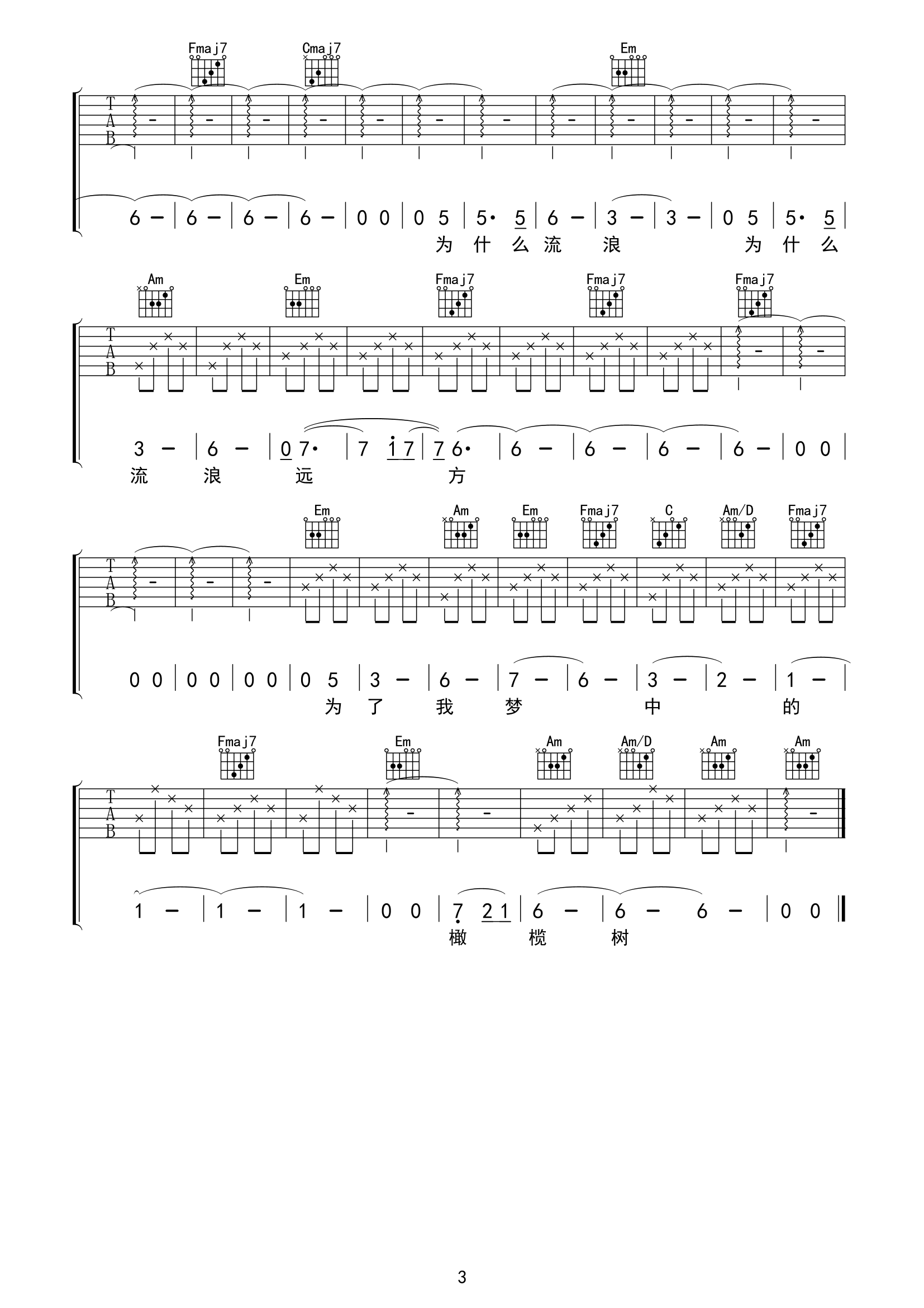橄榄树吉他谱-齐豫-C调吉他弹唱六线谱
