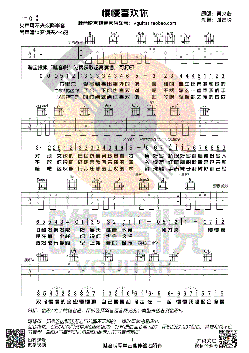 慢慢喜欢你吉他谱-莫文蔚-G调吉他高清版 慢慢喜欢你吉他谱-莫文蔚-G调吉他高清版