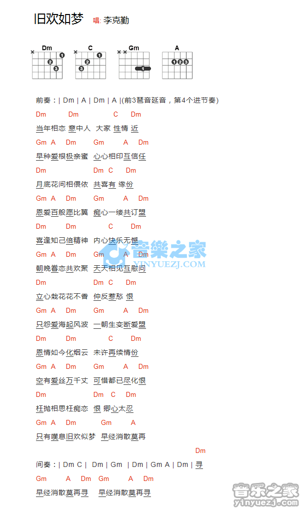旧欢如梦吉他谱-李克勤-D调和弦谱-音乐之家编配 旧欢如梦吉他谱-李克勤-D调和弦谱-音乐之家编配