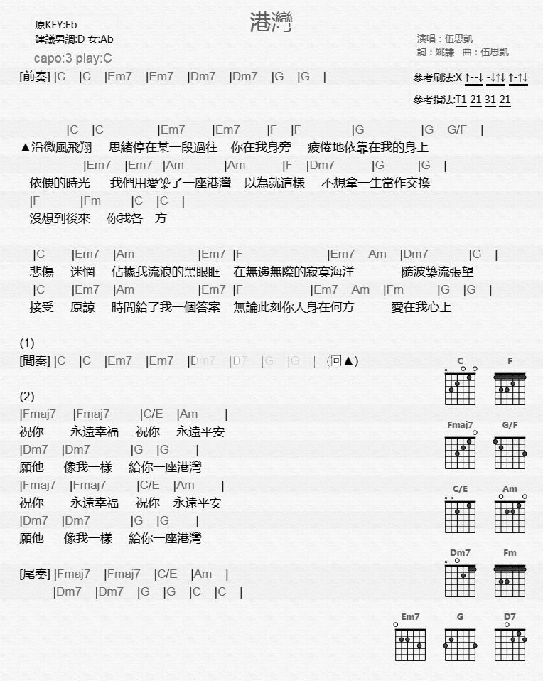 港湾吉他谱-伍思凯-C调吉他弹唱六线谱 港湾吉他谱-伍思凯-C调吉他弹唱六线谱