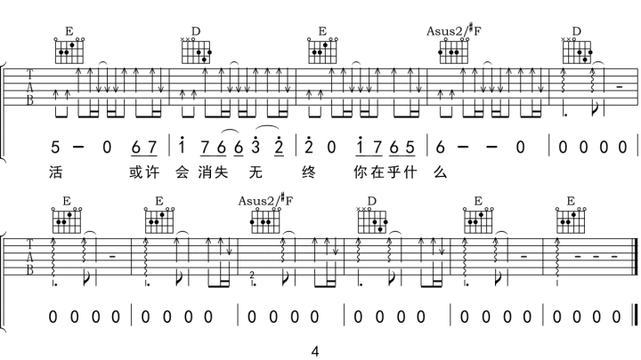阿冗《太多吉他谱》A调原版六线谱 阿冗《太多吉他谱》A调原版六线谱