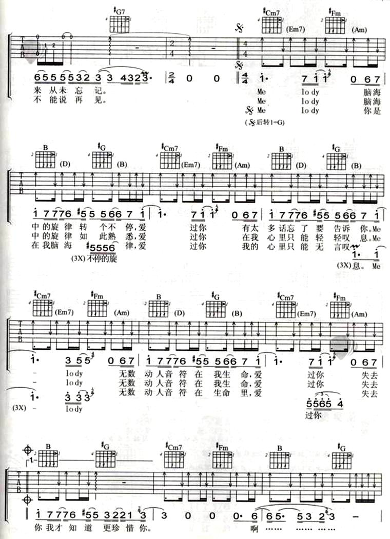 melody吉他谱-陶喆-G调高清六线吉他谱 melody吉他谱-陶喆-G调高清六线吉他谱