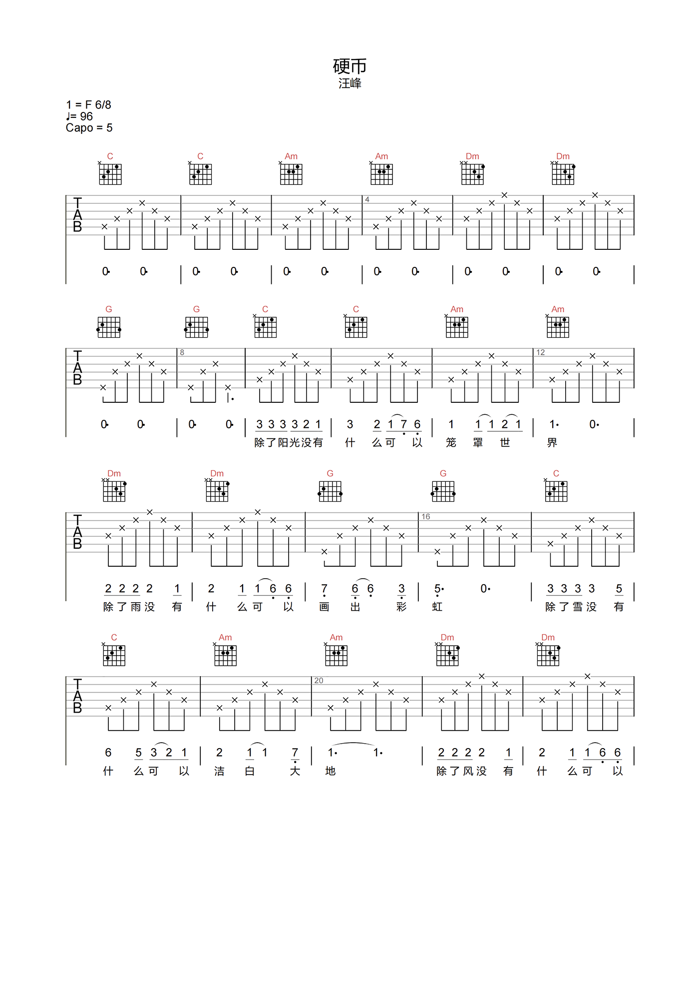 硬币吉他谱-汪峰-《硬币》C调六线谱 硬币吉他谱-汪峰-《硬币》C调六线谱
