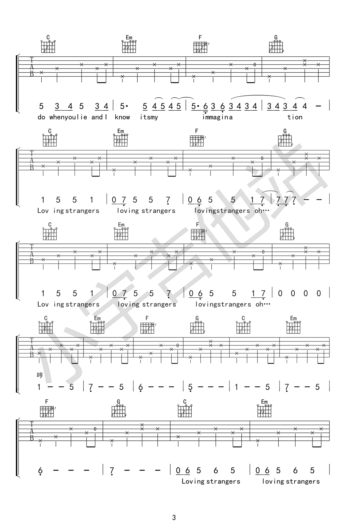 Loving Strangers吉他谱-Tiger-C调 Loving Strangers吉他谱-Tiger-C调