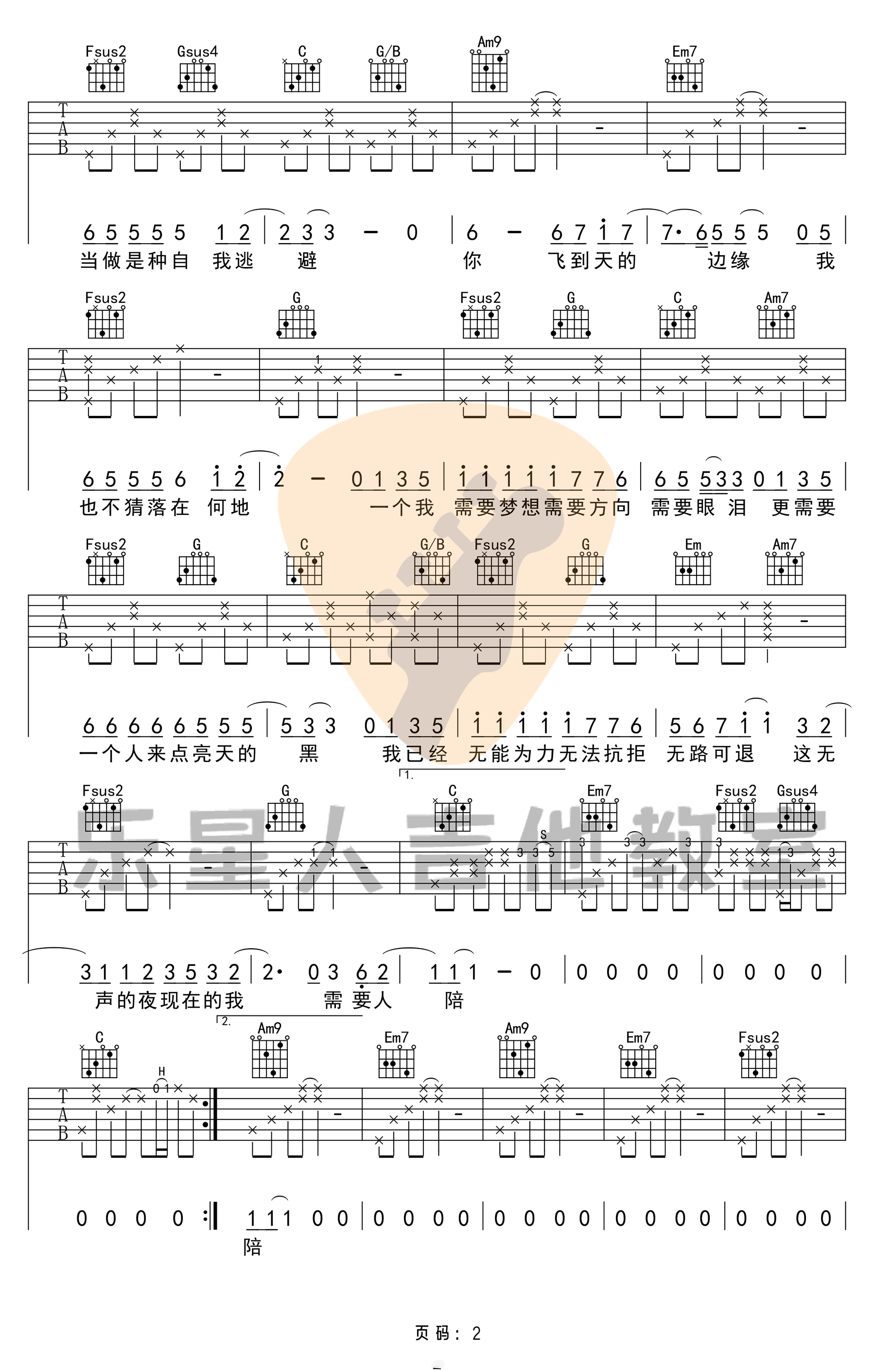 需要人陪吉他谱-王力宏-需要人陪C调弹唱六线图谱 需要人陪吉他谱-王力宏-需要人陪C调弹唱六线图谱