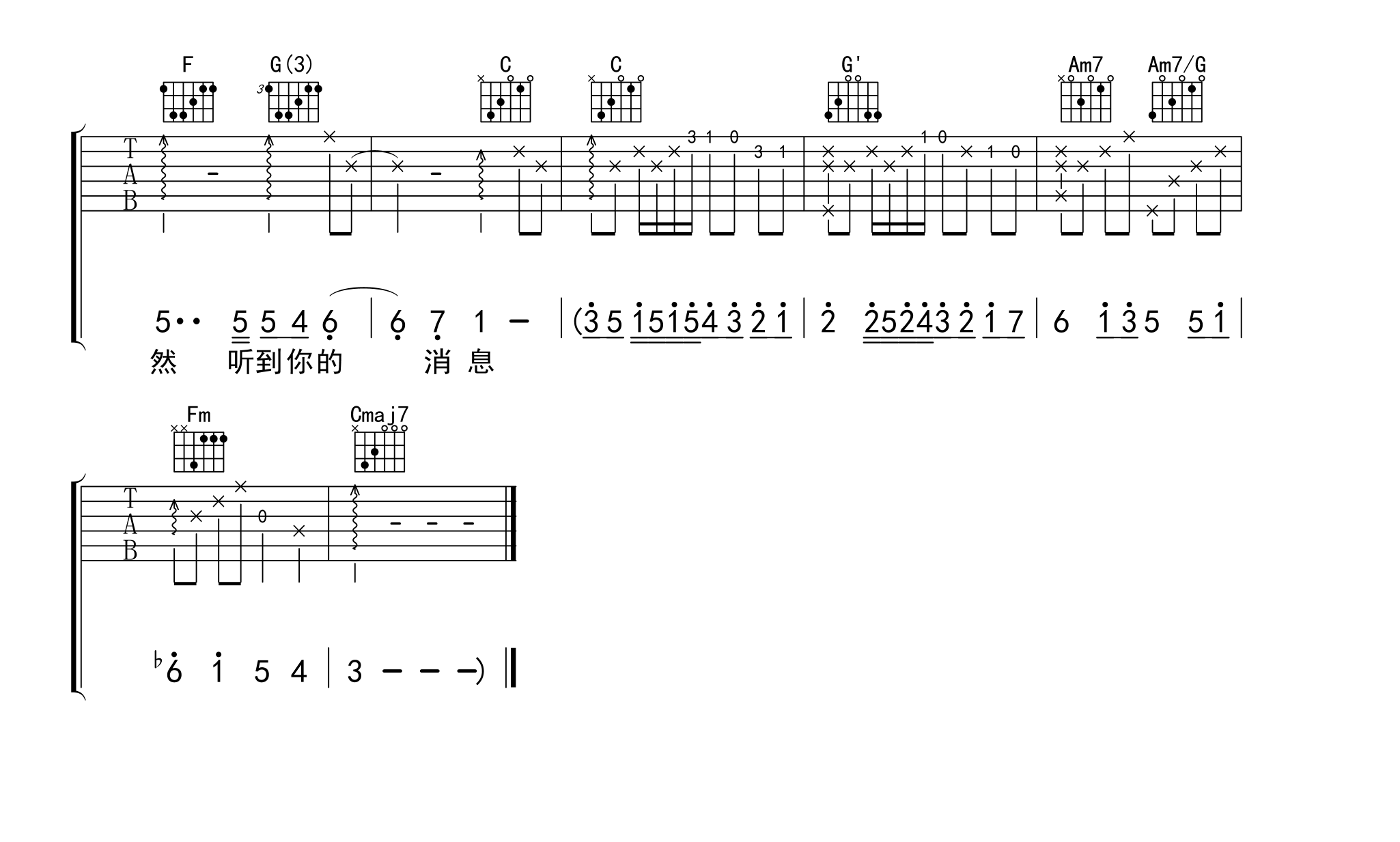 五月天《突然好想你吉他谱》C调原版编配
