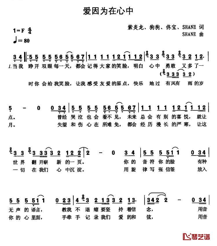 爱因为在心中简谱-王力宏-F调歌曲简谱 爱因为在心中简谱-王力宏-F调歌曲简谱