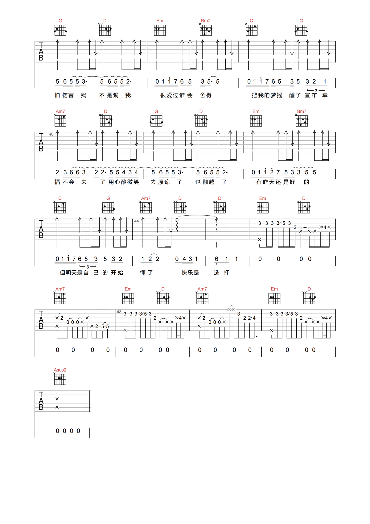 孙燕姿《开始懂了吉他谱》G调原版 孙燕姿《开始懂了吉他谱》G调原版