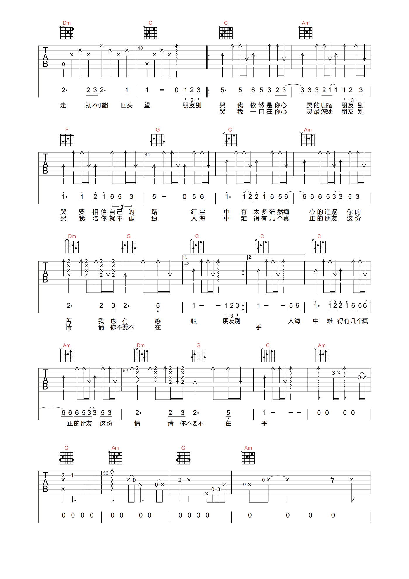 朋友别哭吉他谱_吕方_C调弹唱55%专辑版 - 吉他世界
