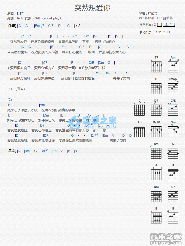 许茹芸《突然想爱你吉他谱》C调 许茹芸《突然想爱你吉他谱》C调