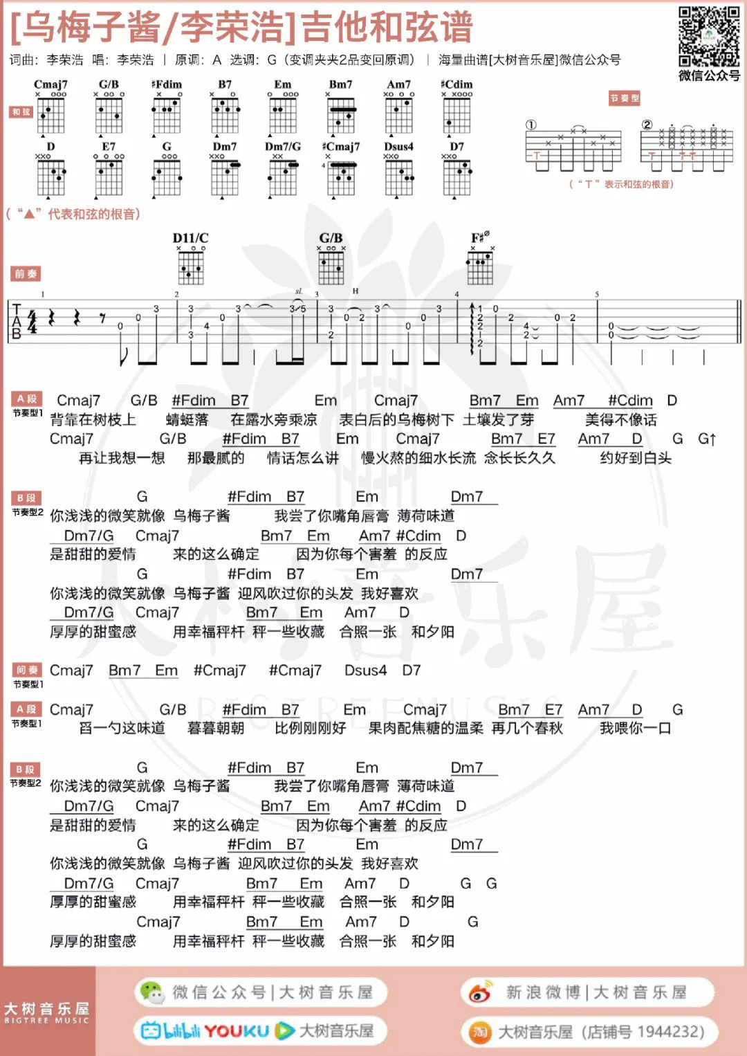 李荣浩《乌梅子酱吉他谱》G调精编原版吉他谱 李荣浩《乌梅子酱吉他谱》G调精编原版吉他谱