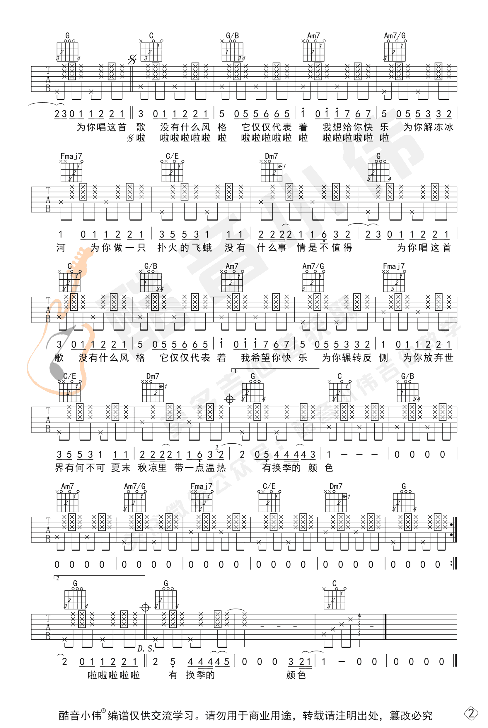 许嵩《有何不可吉他谱》C调简单版吉他图谱 许嵩《有何不可吉他谱》C调简单版吉他图谱