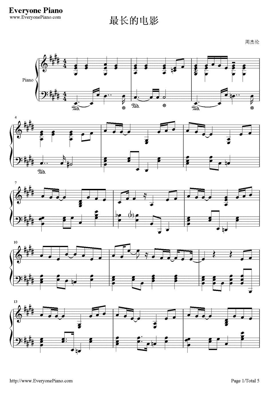 最长的电影钢琴谱-周杰伦-五线谱-最长的电影钢琴独奏谱