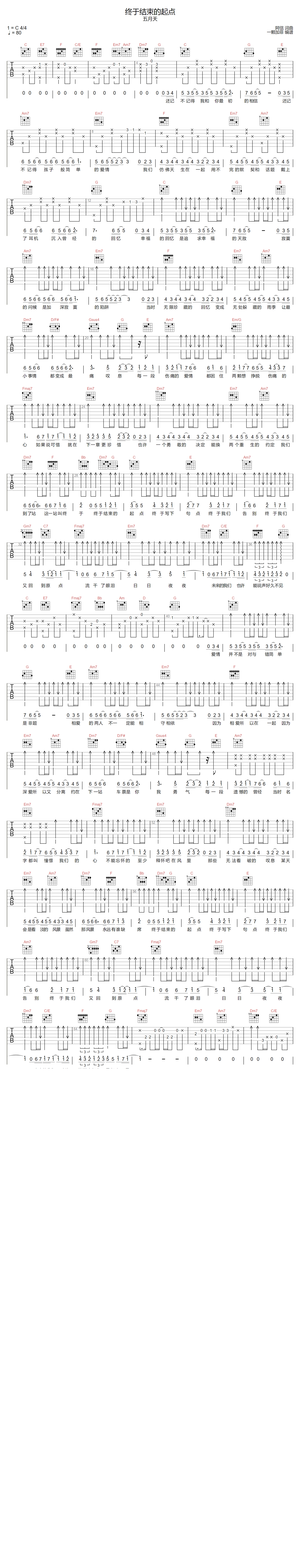 终于结束的起点吉他谱-五月天-C调原版弹唱谱_高清六线谱