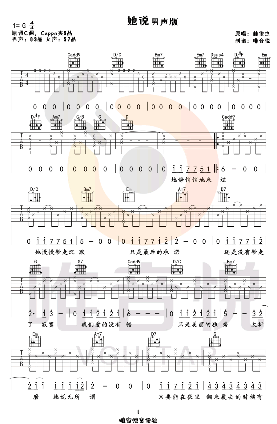 她说吉他谱G调-林俊杰《她说》带前奏原版弹唱谱 她说吉他谱G调-林俊杰《她说》带前奏原版弹唱谱