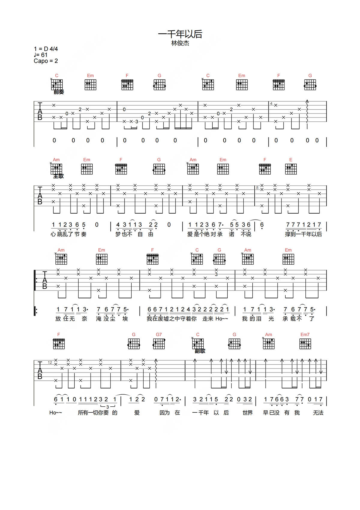 《一千年以后》吉他乐谱完整版 - D调编配吉他谱 - 林俊杰初级六线谱图片 - 原调D调 - 易谱库
