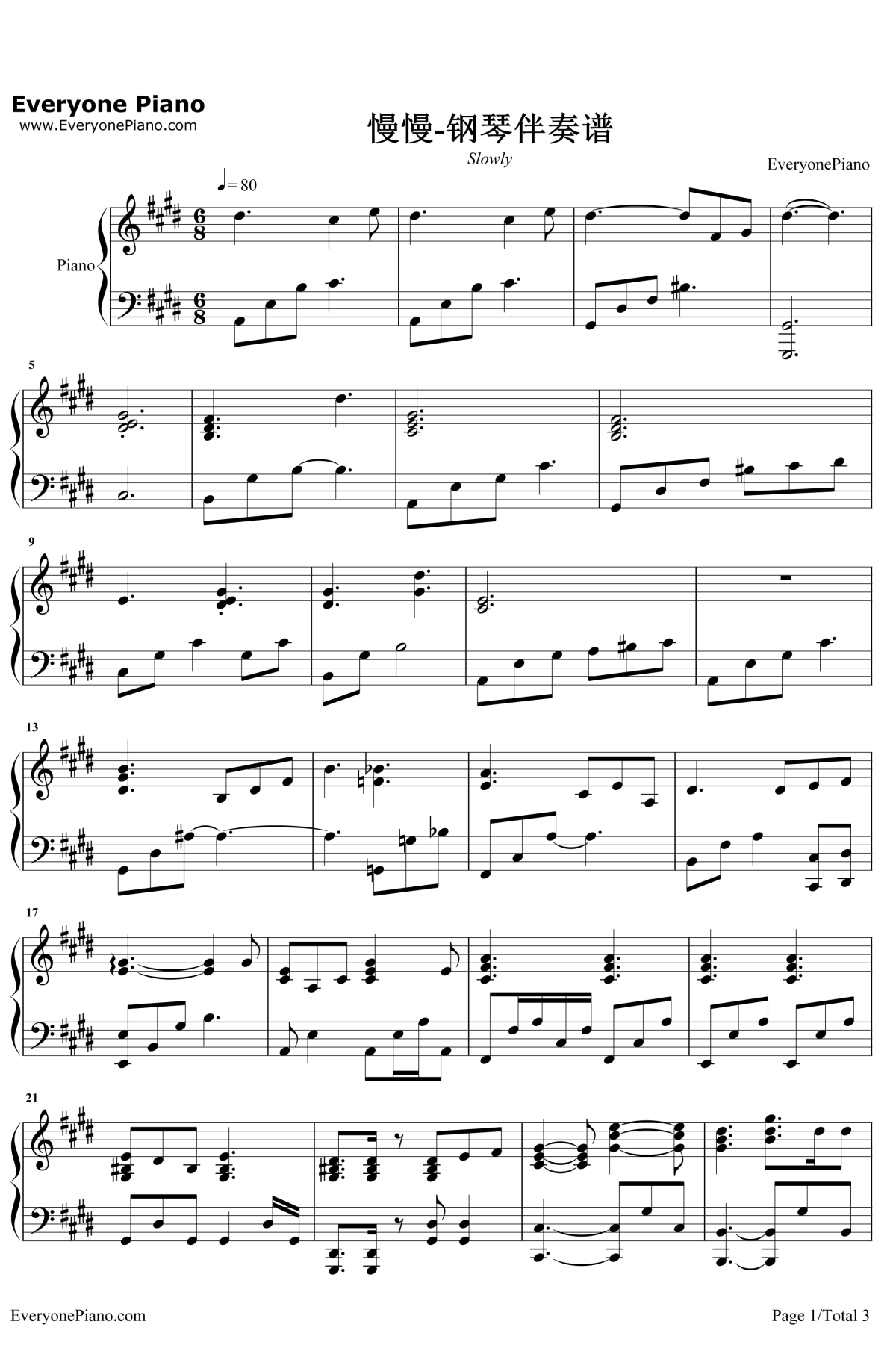 慢慢钢琴谱-王乃恩/张学友-钢琴五线谱
