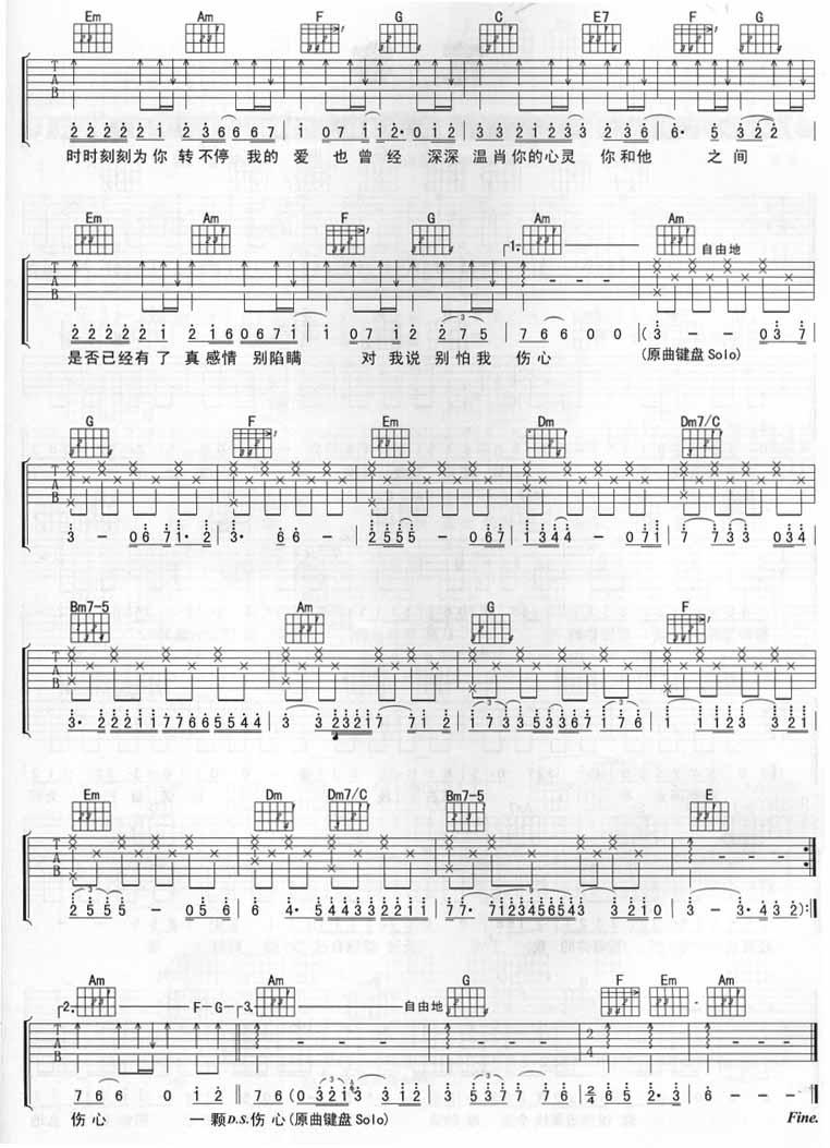 张信哲《别怕我伤心吉他谱》C调六线谱