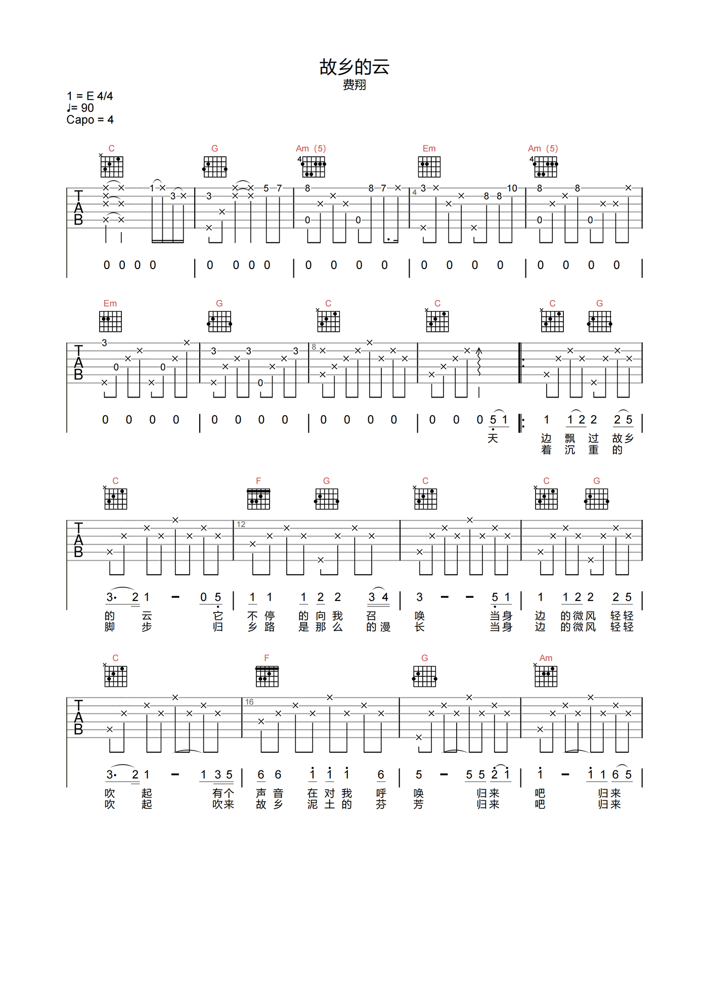 费 翔吉他谱《故乡的云》高清吉他弹唱名歌金曲-吉他曲谱 - 乐器学习网