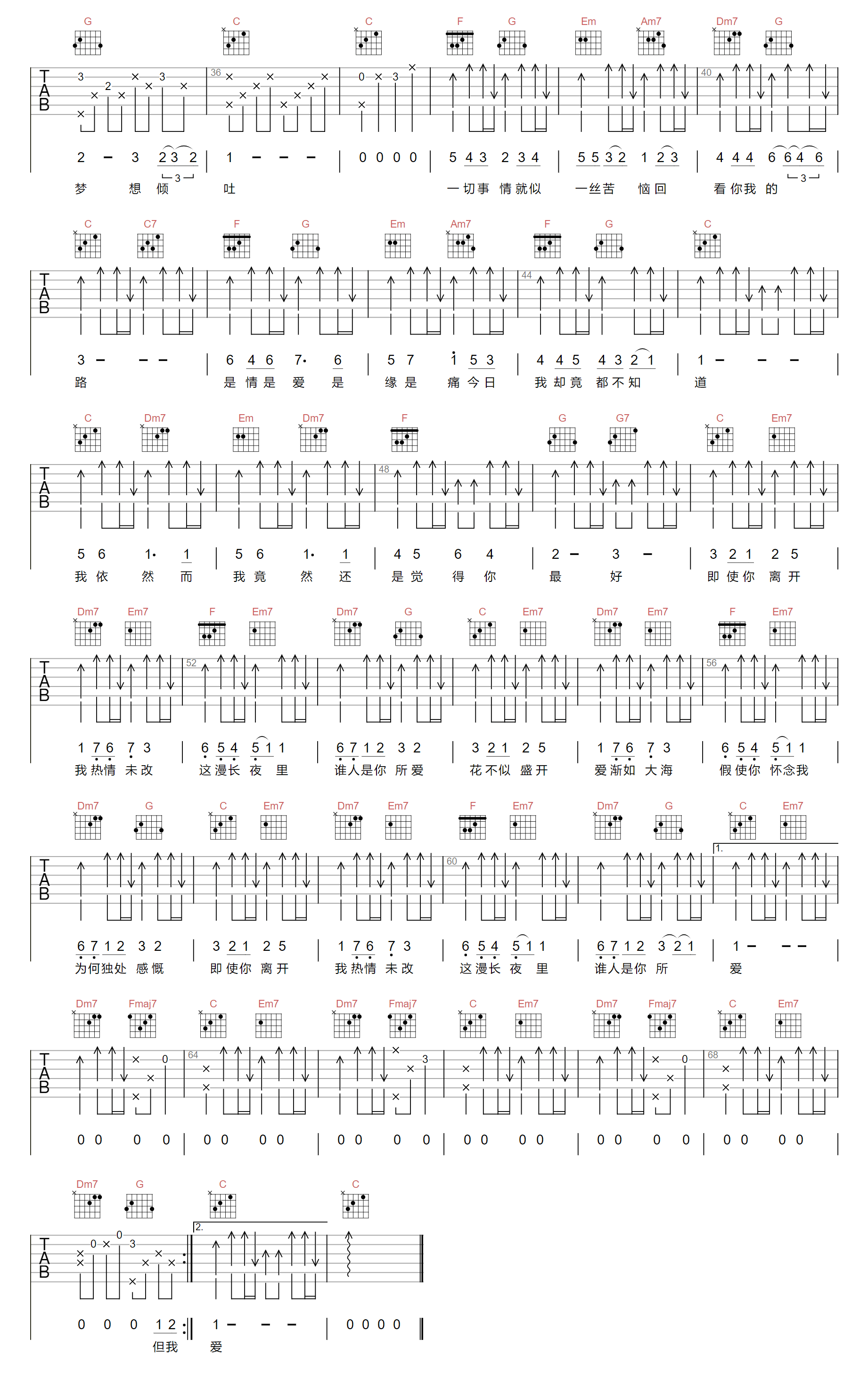 张学友《还是觉得你最好吉他谱》C调原版六线谱