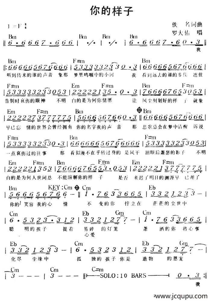 你的样子简谱-罗大佑-F调歌曲简谱