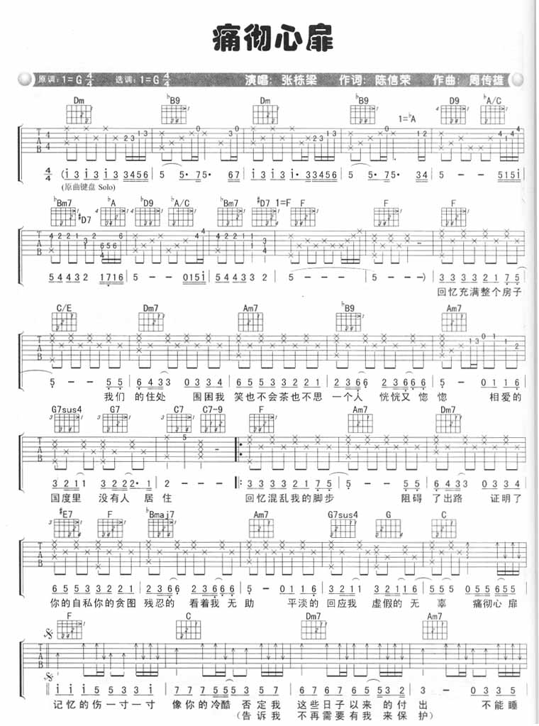 张栋梁《痛彻心扉吉他谱》G调原版弹唱谱 张栋梁《痛彻心扉吉他谱》G调原版弹唱谱