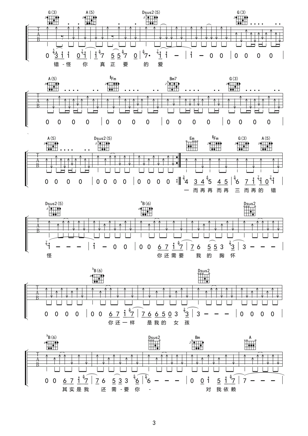 如果可以吉他谱_韦礼安_如果可以A调原版指法_弹唱六线谱 - 搜谱啦