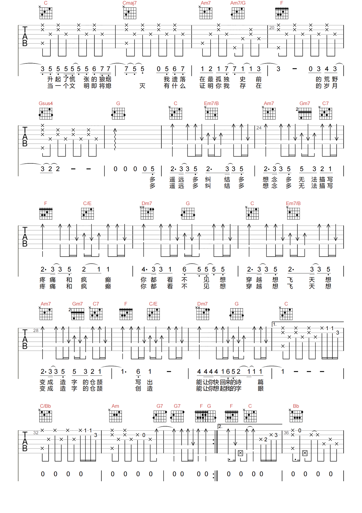 仓颉吉他谱-五月天-仓颉C调原版指法-弹唱六线谱