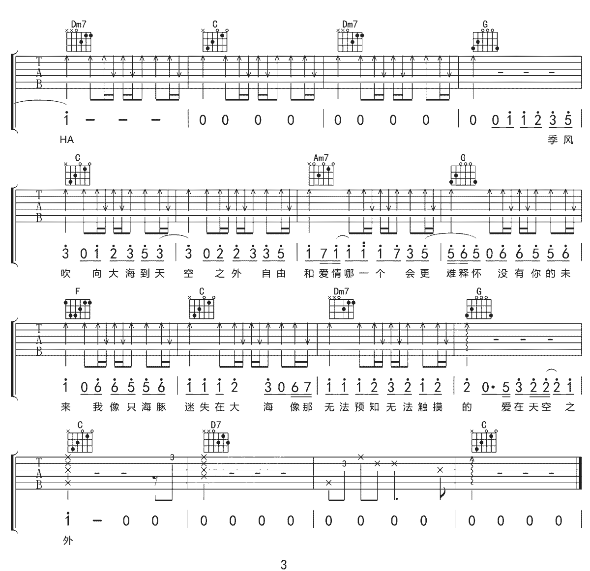 弦子《天空之外吉他谱》C调原版图谱