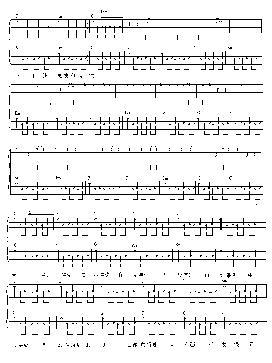 孤独吉他谱-宾阳乐队《孤独》C调原版六线谱-弹唱图片谱