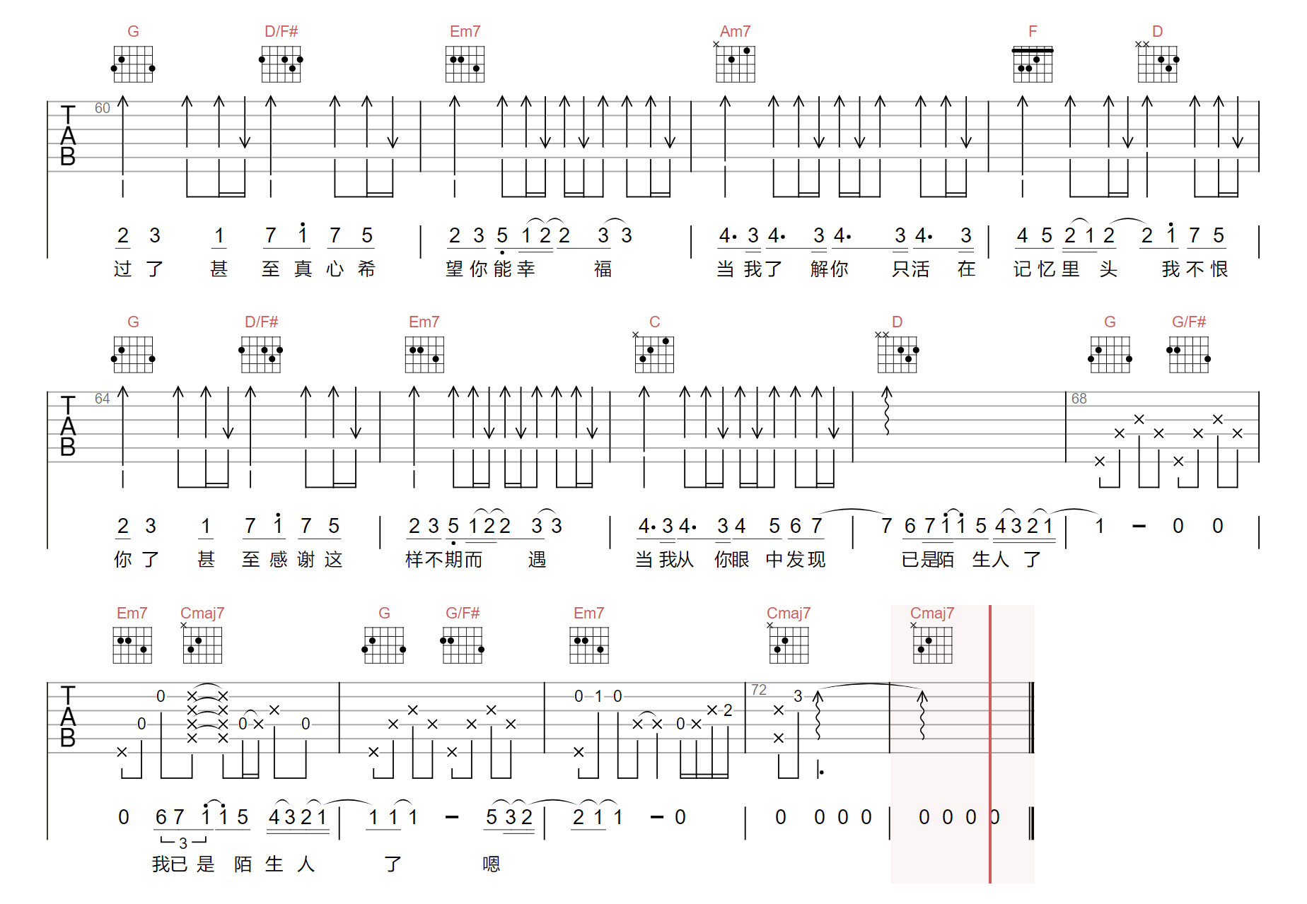 陌生人吉他谱G调-蔡健雅-陌生人高清原版六线谱