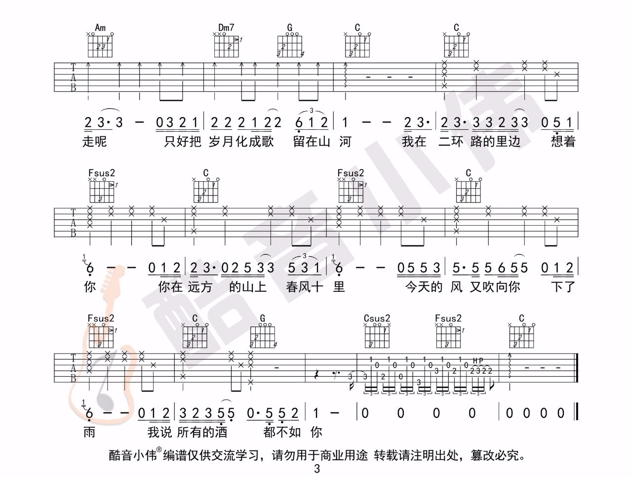 鹿先森《春风十里吉他谱》C调简单原版 鹿先森《春风十里吉他谱》C调简单原版