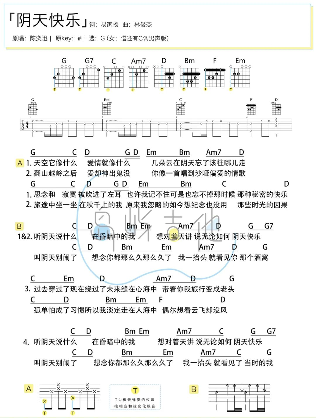 陈奕迅《阴天快乐吉他谱》G调女生原版六线谱 陈奕迅《阴天快乐吉他谱》G调女生原版六线谱