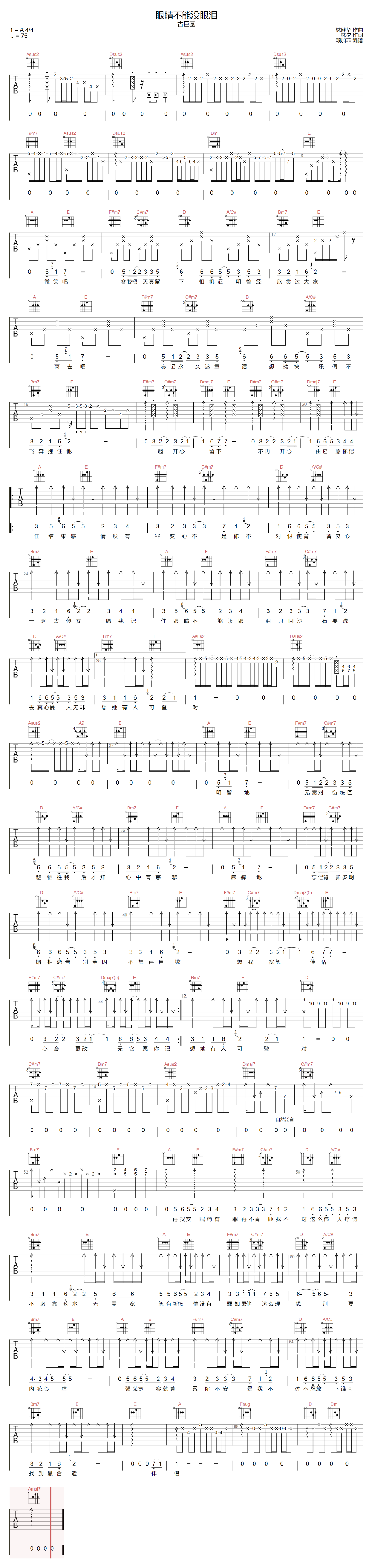 古巨基《眼睛不能没眼泪吉他谱》A调