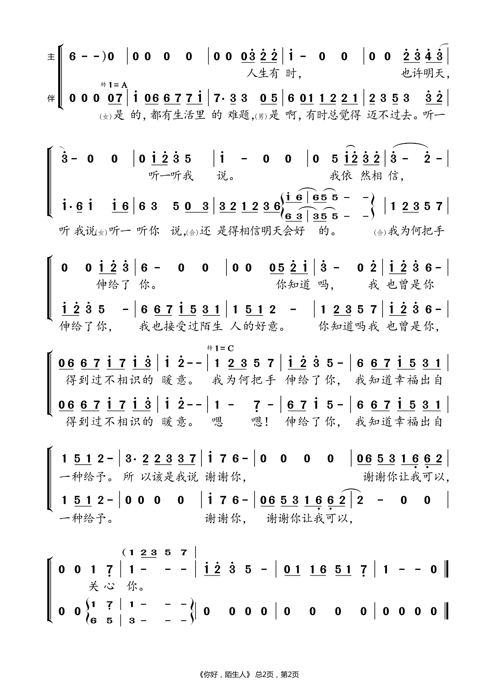 你好陌生人简谱(歌词)-毛不易-C调歌曲简谱 你好陌生人简谱(歌词)-毛不易-C调歌曲简谱