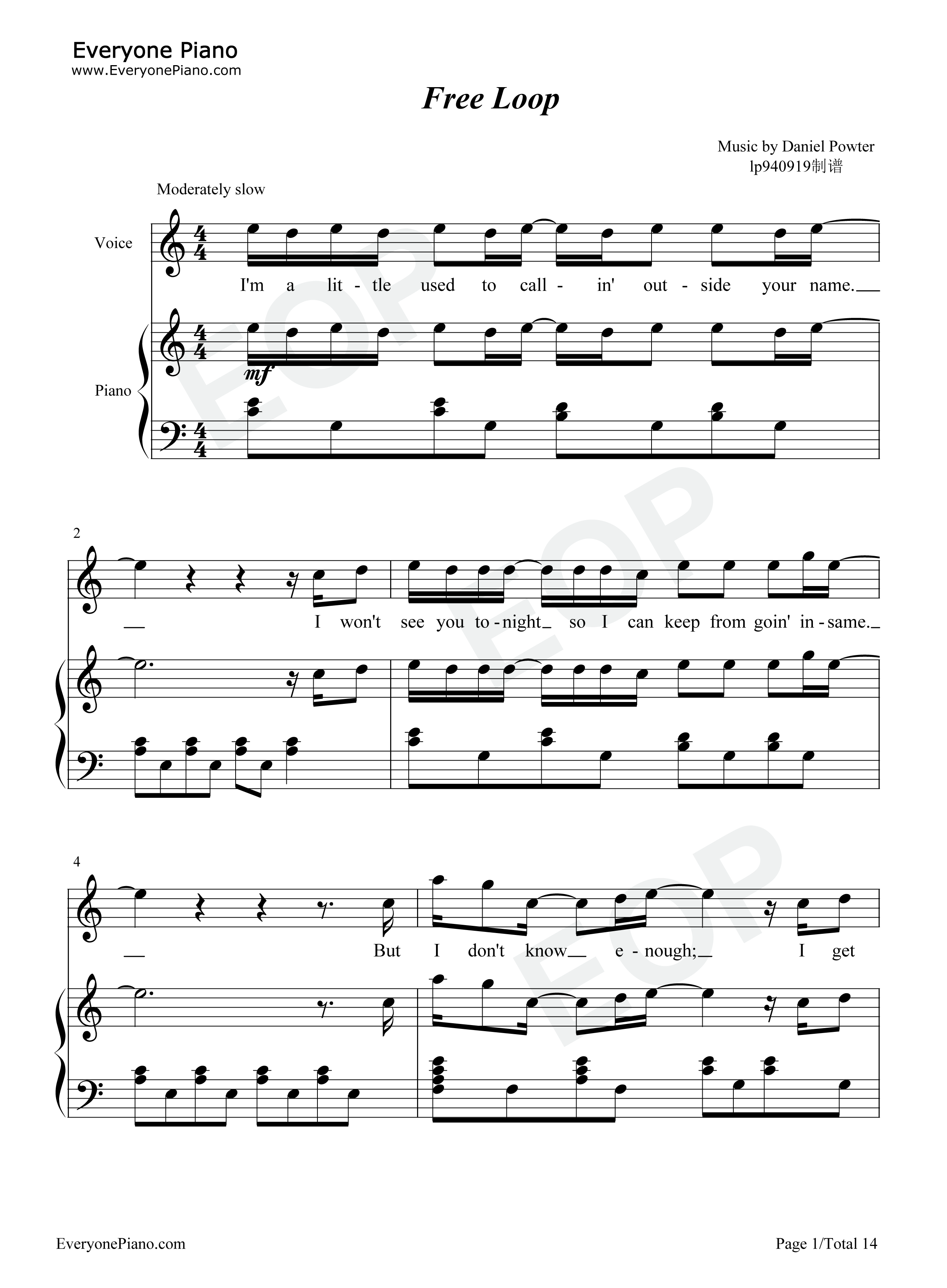 Free Loop钢琴谱-丹尼尔·波特-经典欧美歌曲 Free Loop钢琴谱-丹尼尔·波特-经典欧美歌曲