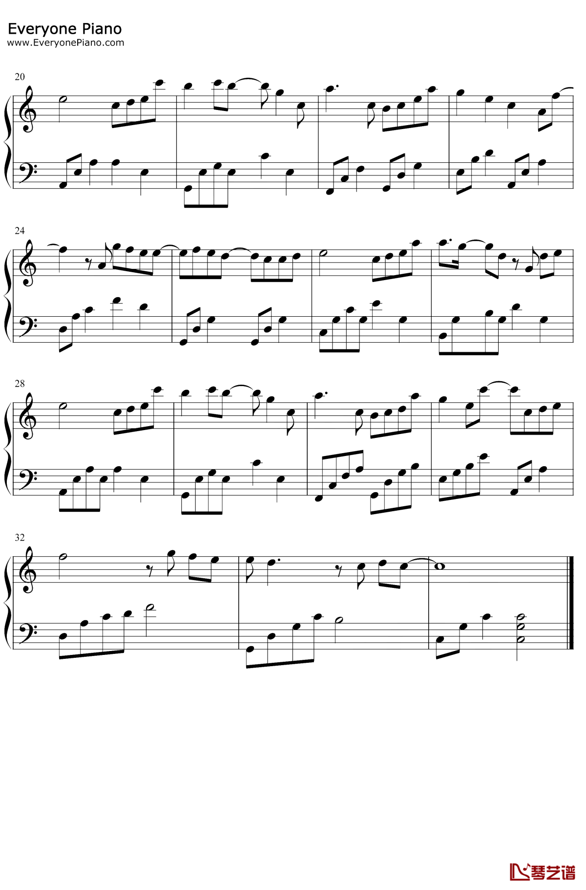独家记忆钢琴谱-陈小春-简单版钢琴五线谱
