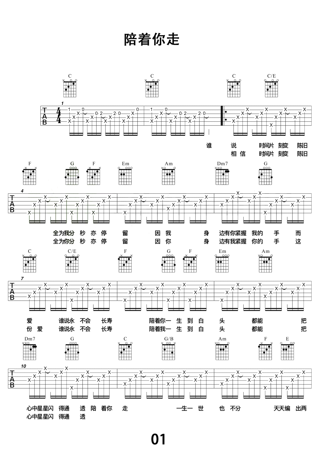 卢冠廷《陪着你走吉他谱》C调新手原版