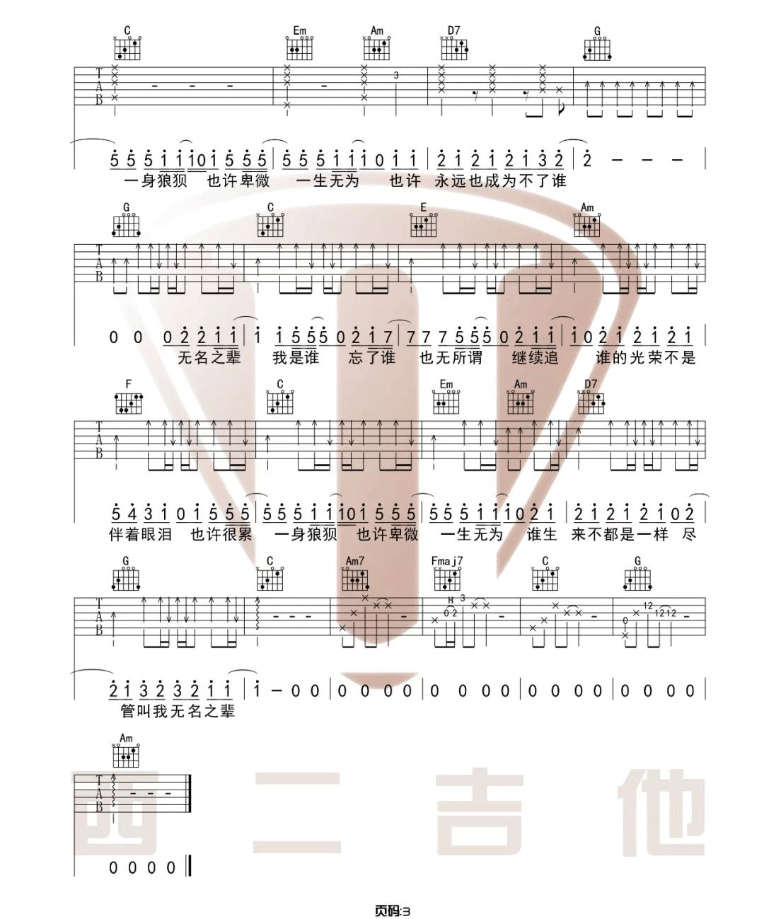 陈雪燃《无名之辈吉他谱》C调原版吉他图谱