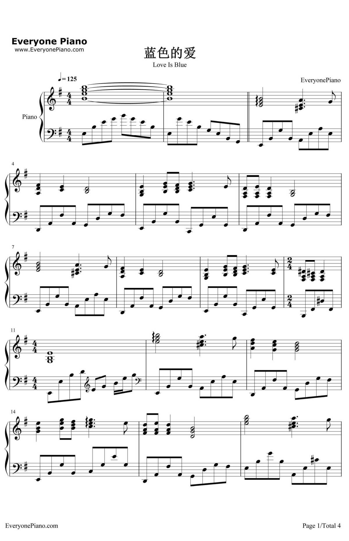 蓝色的爱钢琴谱-理查德·克莱德曼-钢琴独奏谱