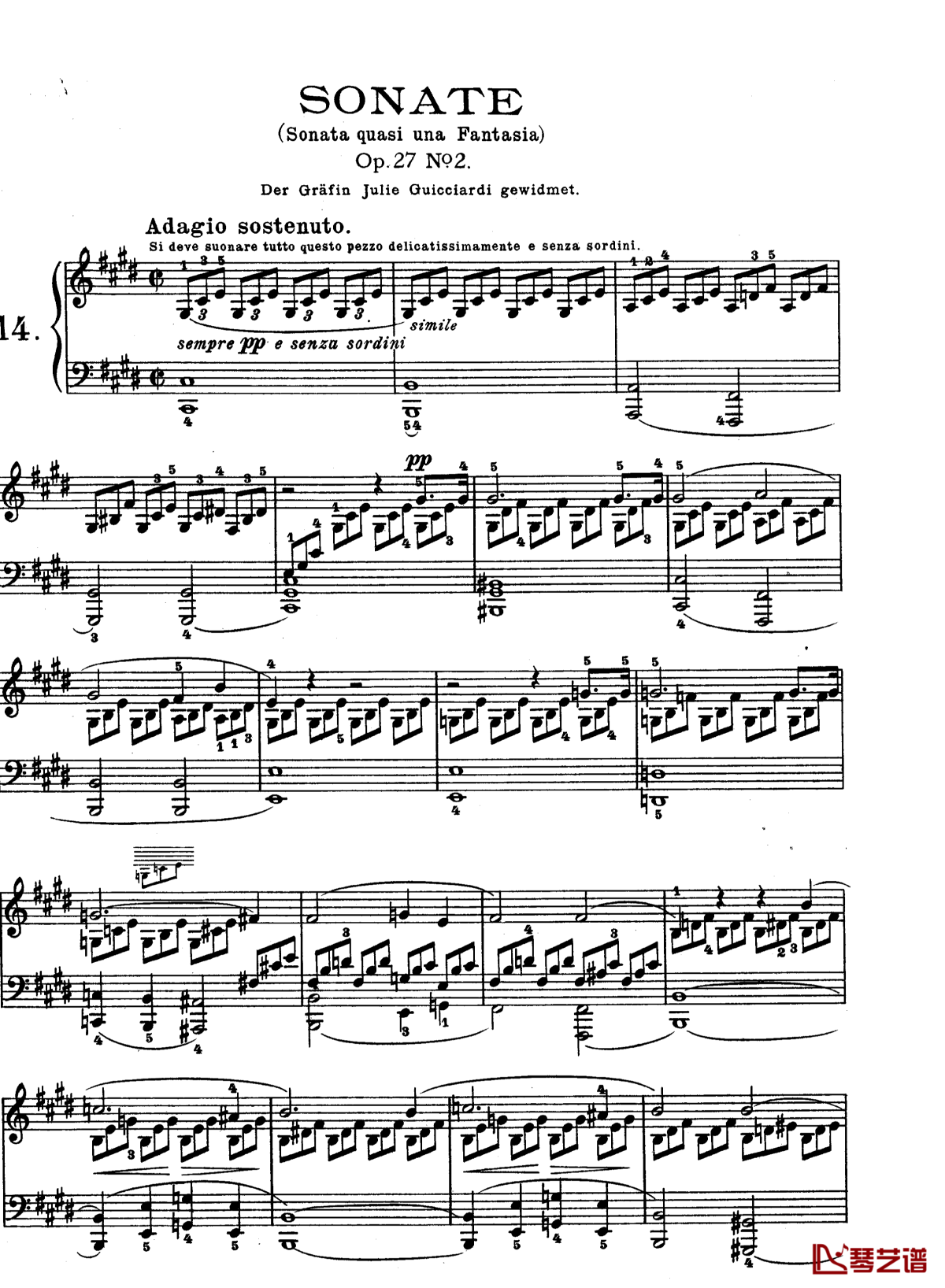 月光曲钢琴谱-第十四钢琴奏鸣曲-贝多芬