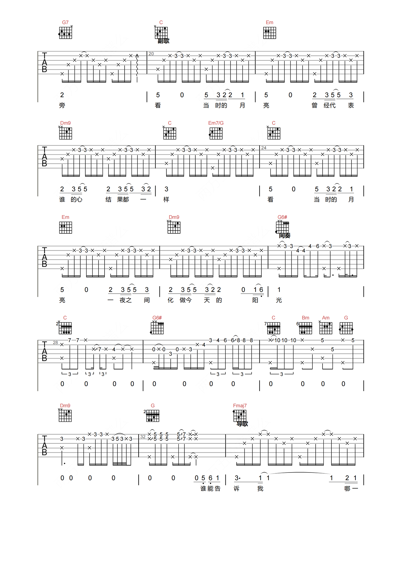 《当时的月亮吉他谱》_王菲_D调_吉他图片谱3张 | 吉他谱大全